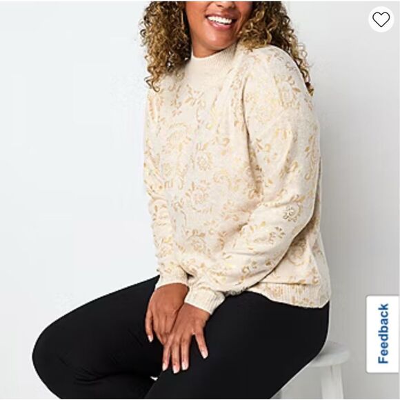 NWT LIZ CLAIBORNE Women’s Plus Sweater 3X Mock Neck Gold Scroll Pullover LS NEW - Picture 3 of 16
